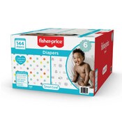 Wholesale - 144ct FISHER PRICE FULL ELASTIC WAIST BAND DIAPERS W/WETNESS INDICATOR SIZE 6, UPC: 850016923479